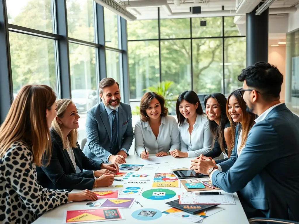 An image of a branding workshop with colorful visual identity boards and a team collaborating, representing the brand building and strategy services offered by Reid & Reid Consulting™.
