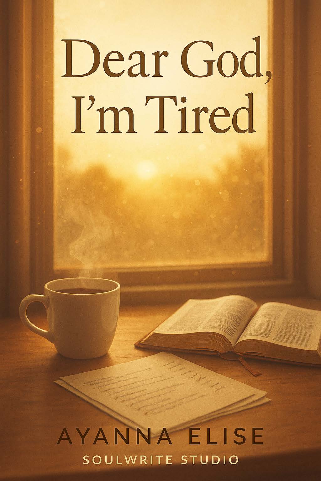 Book cover of “Dear God, I’m Tired” by Ayanna Elise, featuring a golden glow with a coffee cup and journal.